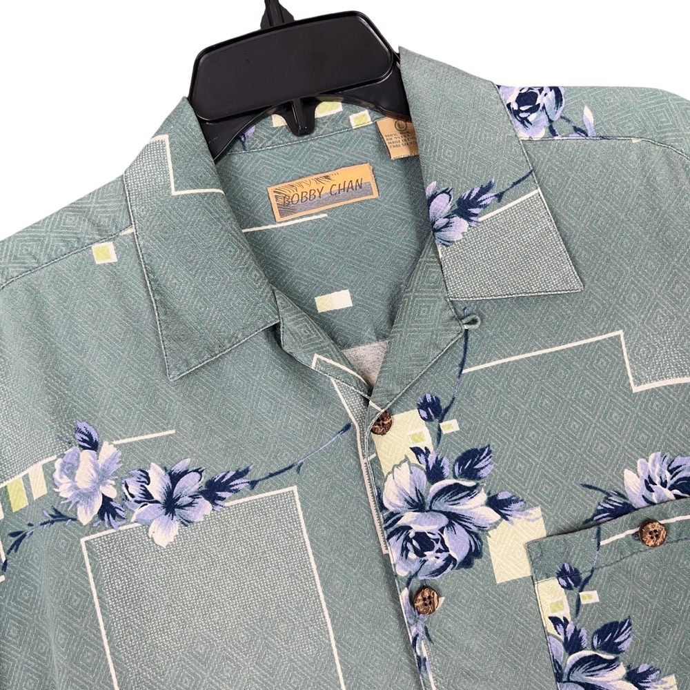 Bobby Chan Vintage Y2K Silk Shirt Men L Floral Pocket Resort Camp Resort Travel‎